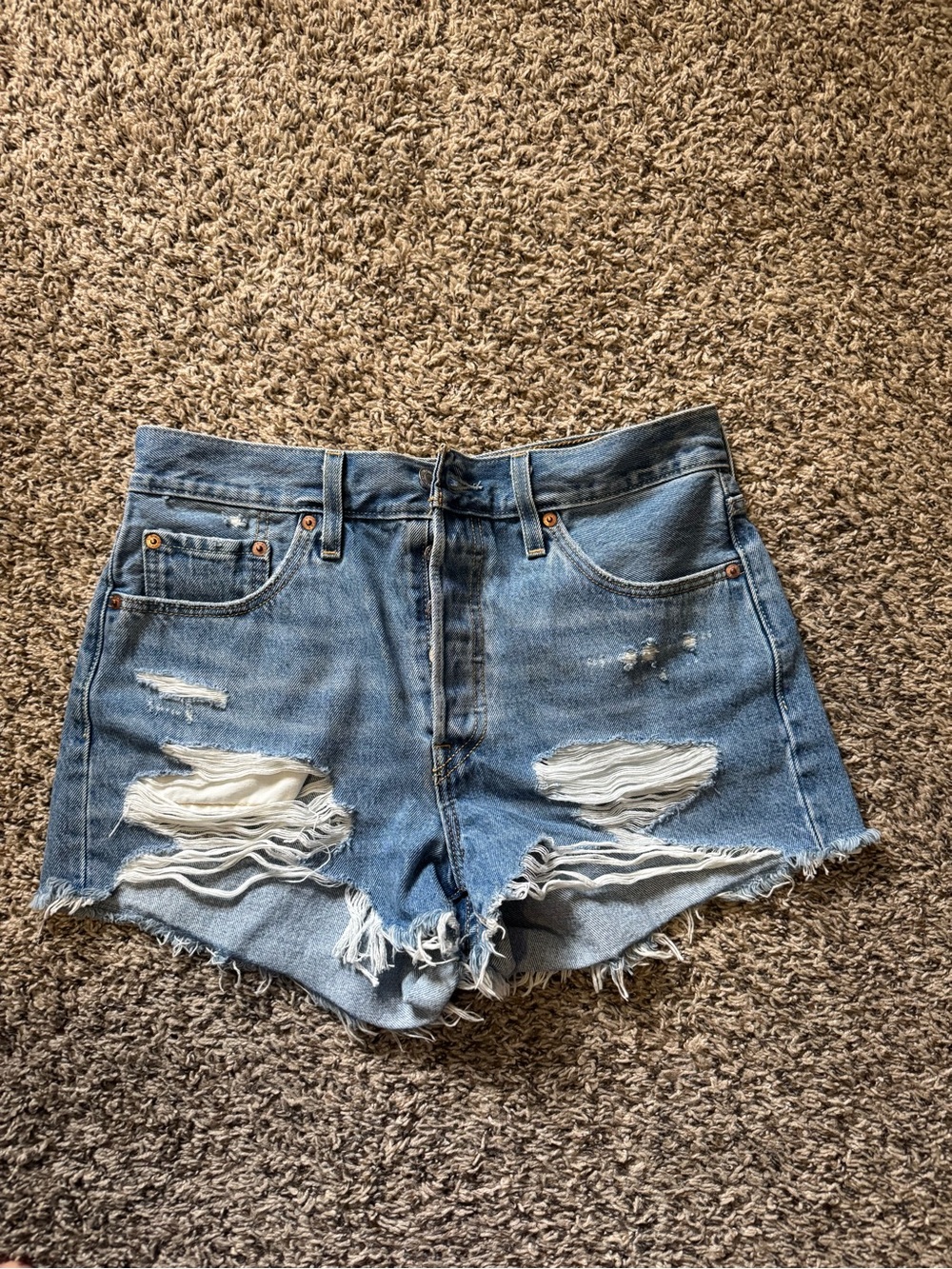 Levi's Light Blue Distressed High-Rise Denim Shorts